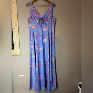 Shadow Line Blue Floral Butterfly Maxi Dress With Tie Front Size L